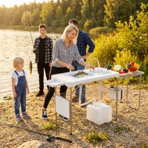 Fish Cleaning Table Folding Grill Extension Board Dual Sinks