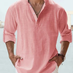 Men's Linen Stand Collar Long Sleeve Solid Color