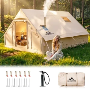 Inflatable Camping Tents 6-8 Person with Stove Jack  AC Vent, Easy Setup High Pressure Pump